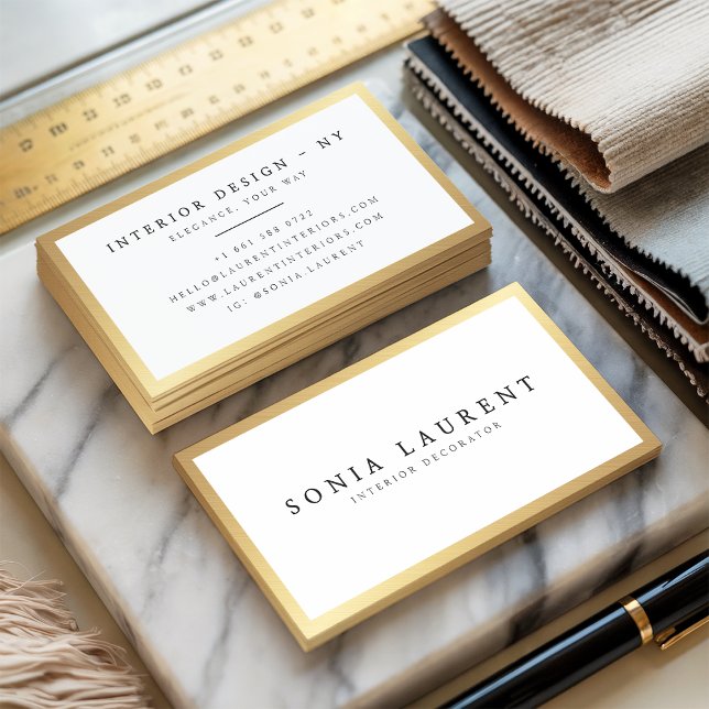 Elegant chic gold metallic frame minimalist white business card (Elegant chic gold metallic frame minimalist white)