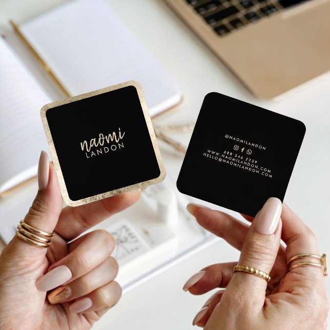 Elegant chic gold modern square minimalist black business card (Elegant chic gold modern square minimalist black)
