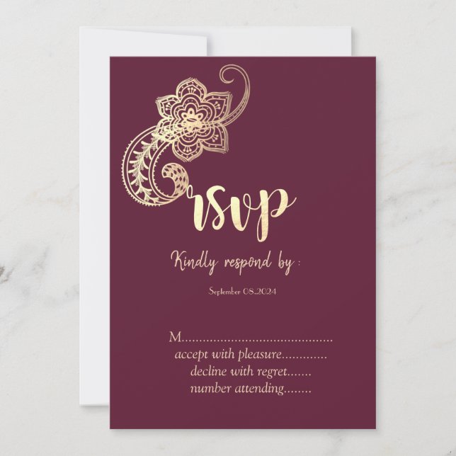 Elegant Chic Gold Paisley RSVP    Invitation (Front)