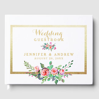 Elegant Chic Gold Pink Floral Personalized Wedding Guest Book