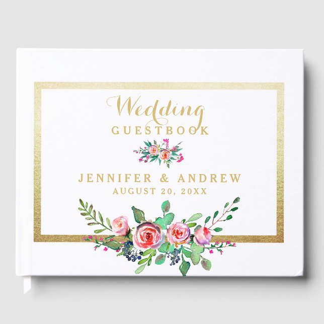 Elegant Chic Gold Pink Floral Personalized Wedding Guest Book (Front)