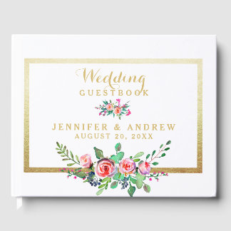 Elegant Chic Gold Pink Floral Personalized Wedding Guest Book