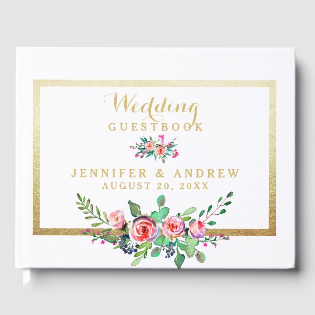 Elegant Chic Gold Pink Floral Personalized Wedding Guest Book (Front)