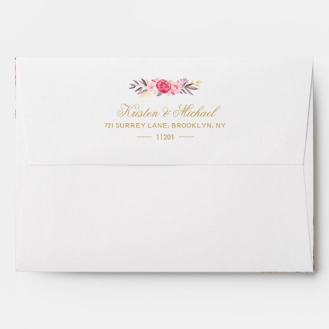 Elegant Chic Gold Pink Floral Wedding 5x7 Envelopes (Back (Top Flap))