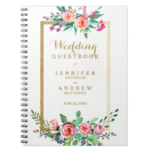 Elegant Chic Gold Pink Floral Wedding Guestbook Notebook