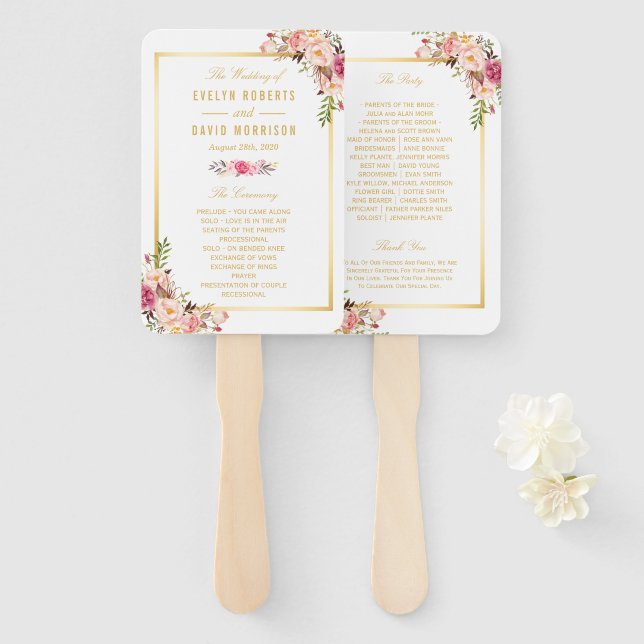 Elegant Chic Gold Pink Floral Wedding Program Hand Fan (Front and Back)