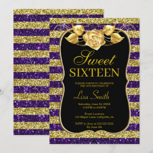 Elegant Chic Gold Purple Glitter Rose Sweet 16 Invitation