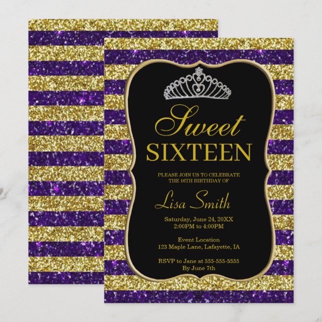 Elegant Chic Gold Purple Glitter Tiara Sweet 16 Invitation (Front/Back)
