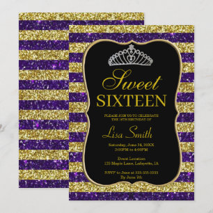 Elegant Chic Gold Purple Glitter Tiara Sweet 16 Invitation
