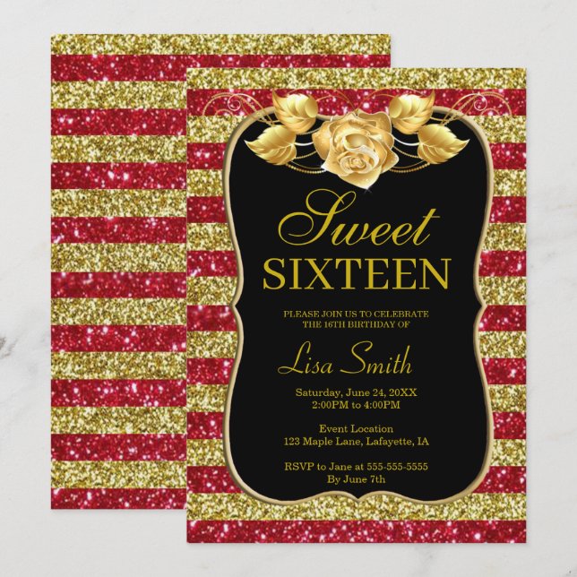 Elegant Chic Gold Red Glitter Rose Sweet 16 Invitation (Front/Back)