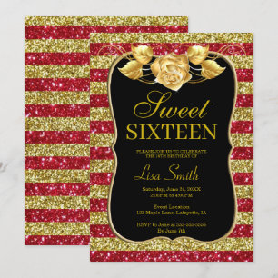 Elegant Chic Gold Red Glitter Rose Sweet 16 Invitation