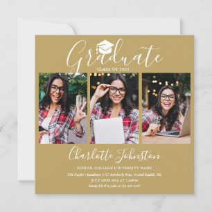Elegant Chic Gold Script 4 Photo Graduation Party Invitation