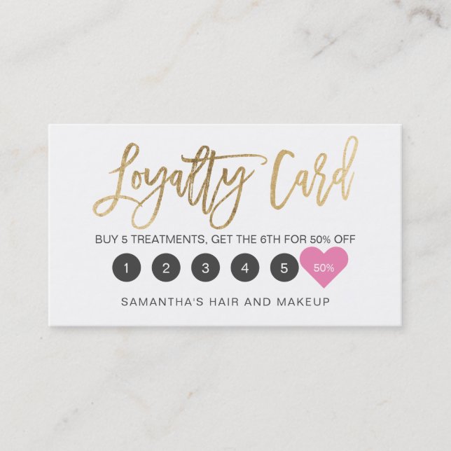 Elegant chic gold script makeup hair pink heart loyalty card (Front)