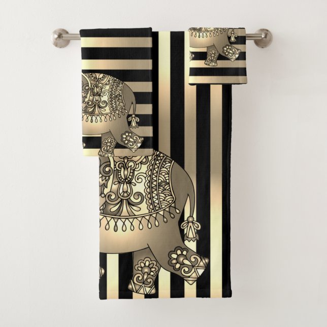 Elegant Chic Gold Stripes Elephant Bath Towel Set (Insitu)