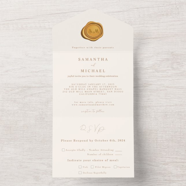 Elegant Chic Gold Wax Seal Minimalist Wedding All In One Invitation (Inside)
