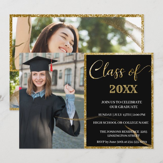 Elegant chic golden & black graduation invitation (Front/Back)