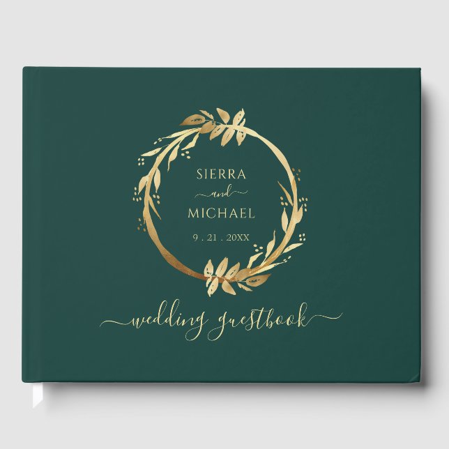 Elegant Chic Golden Foliage Emerald Green Wedding Guest Book (Front)