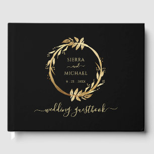 Elegant Chic Golden Foliage Wreath Black Wedding Guest Book
