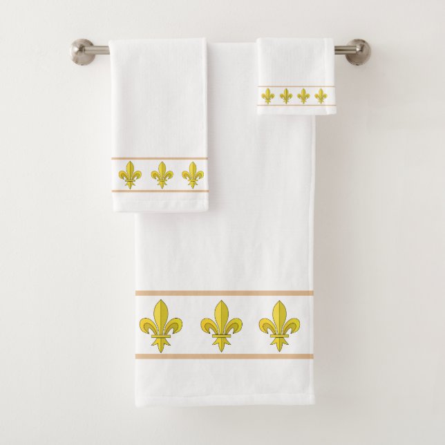 Elegant, Chic Golden Lis Flowers on White Bath Towel Set (Insitu)