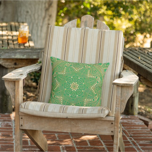 Elegant Chic Golden Mandala Flower Art On Green Outdoor Pillow (Chair)