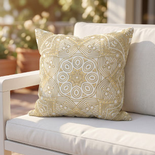 Elegant Chic Golden Mandala Flower Art On White Outdoor Pillow