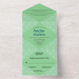 Elegant Chic Green Art Deco Damask Classic Wedding All In One Invitation