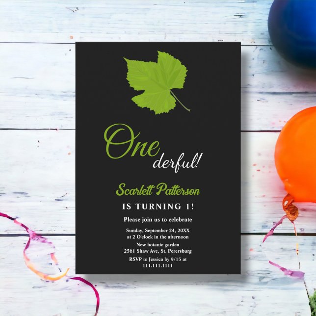 Elegant Chic Green Fall Leaves Black 1st Birthday Invitation (Creator Uploaded)