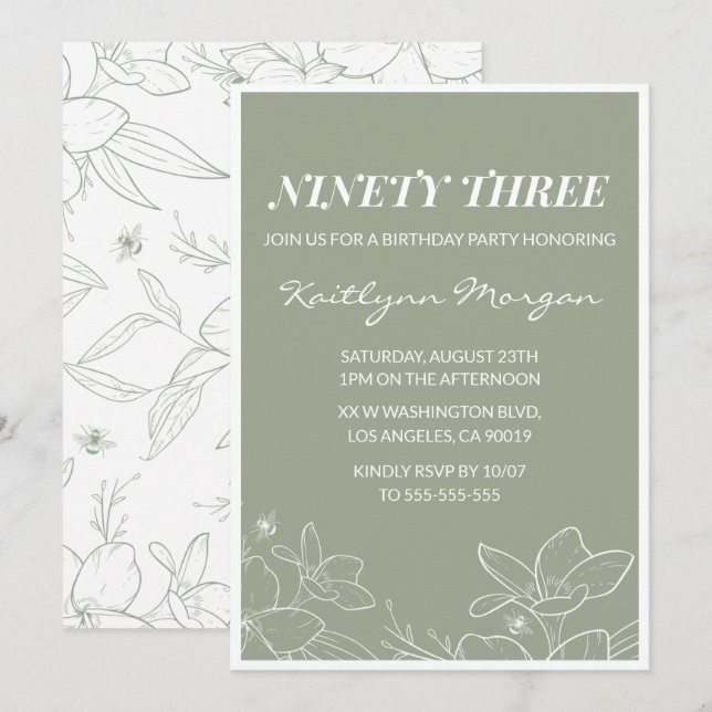 Elegant Chic Green Floral 93rd birthday invitation (Front/Back)