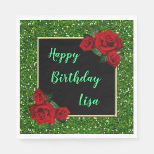 Elegant Chic Green Glitter Red Roses Birthday Napkin