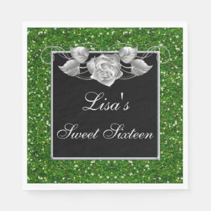 Elegant Chic Green Glitter Silver Rose Sweet 16 Napkin