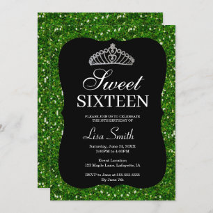Elegant Chic Green Glitter Tiara Sweet 16 Invitation