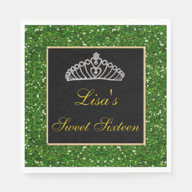 Elegant Chic Green Glitter Tiara Sweet 16 Napkin (Front)