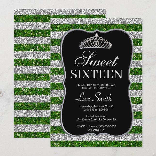 Elegant Chic Green Silver Glitter Tiara Sweet 16 Invitation (Front/Back)