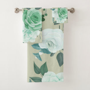 Elegant chic green white floral  bath towel set