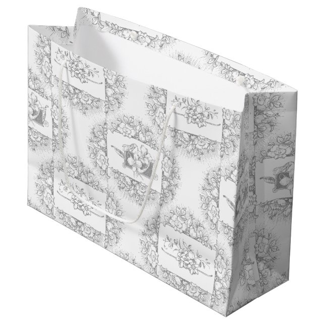 Elegant Chic Grey and White Engraved Floral Large Gift Bag (Front Angled)