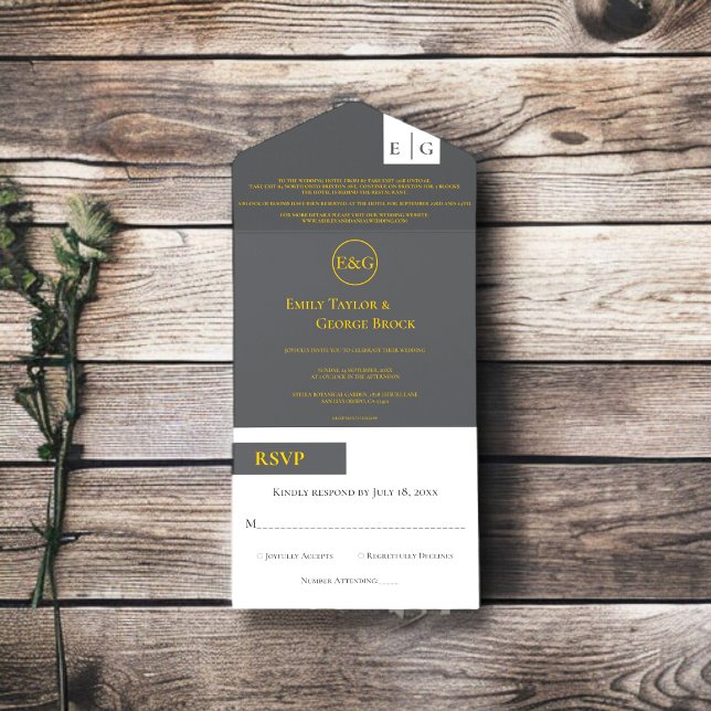 Elegant Chic Grey Gold Monogram Modern Wedding All In One Invitation (Creator Uploaded)