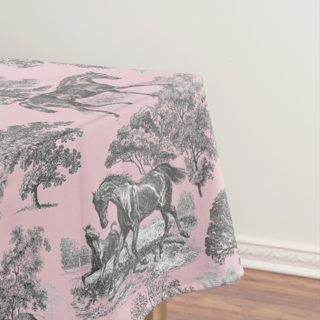 Elegant Chic Grey Pink Rustic Horses Toile Tablecloth (In Situ)