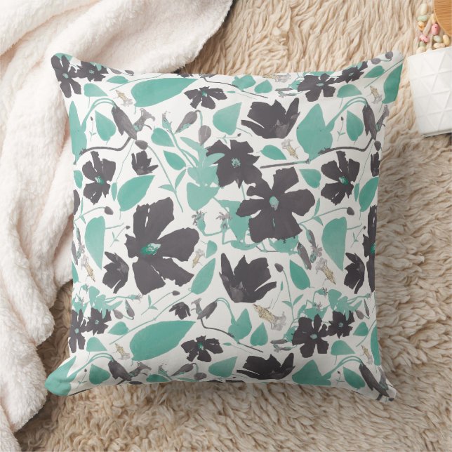 Elegant Chic Grey Teal Floral Pattern  Throw Pillow (Blanket)