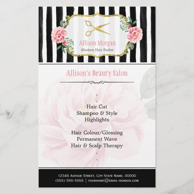 Elegant Chic Hair Stylist Gold Scissors Stripes Flyer (Front)