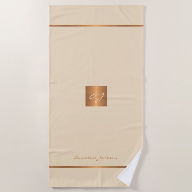 Elegant chic ivory gold modern monogrammed stripes beach towel (Front)