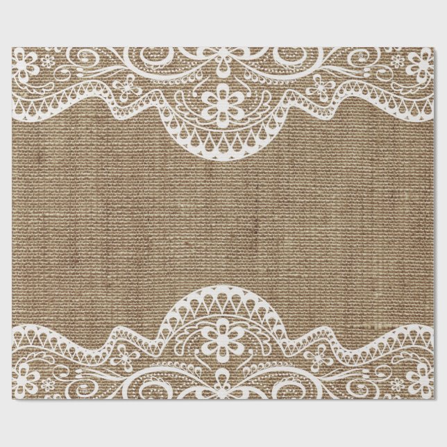 Elegant Chic Lace Decor on Rustic Country Burlap Wrapping Paper (Flat)