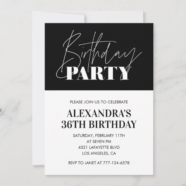 Elegant Chic Lettering Black White 36th birthday Invitation (Front)