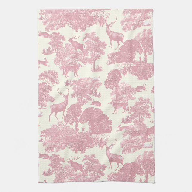 Elegant Chic Light Pink Toile Deer Woodland Kitchen Towel (Vertical)