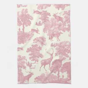 Elegant Chic Light Pink Toile Deer Woodland Kitchen Towel