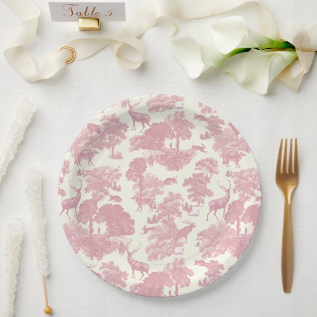 Elegant Chic Light Pink Toile Deer Woodland Paper Plate (Wedding)