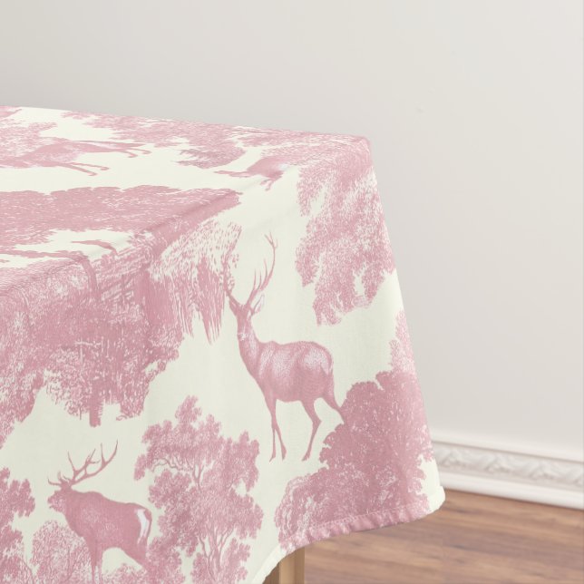 Elegant Chic Light Pink Toile Deer Woodland Tablecloth (In Situ)