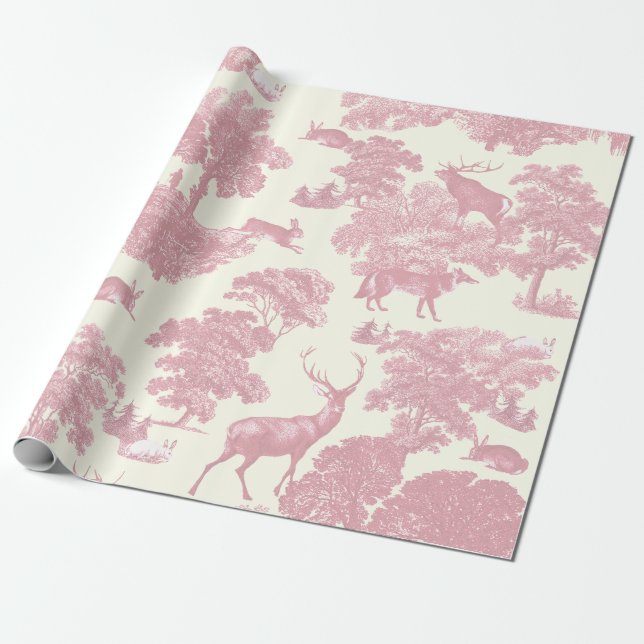 Elegant Chic Light Pink Toile Deer Woodland Wrapping Paper (Unrolled)