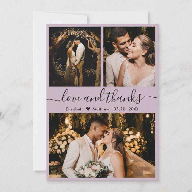 Elegant Chic Lilac 3 Photo Collage Wedding Thank You Card (Front)