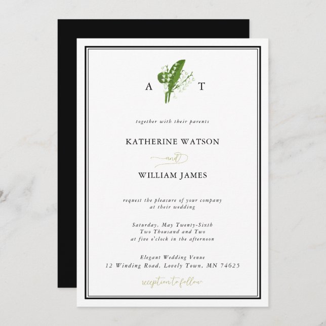 Elegant Chic Lily Valley Crest Black White Wedding Invitation (Front/Back)