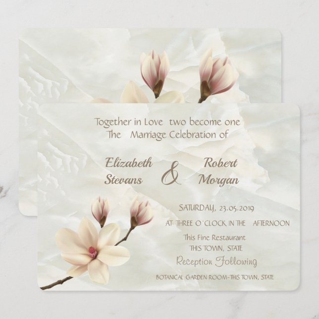 Elegant Chic Magnolia, Marble  Wedding Invitation (Front/Back)